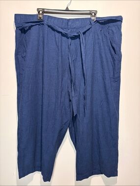 Liz Claiborne Linen Cotton Wide Leg Crop Pants Dark Blue Attached Belt Size 2X